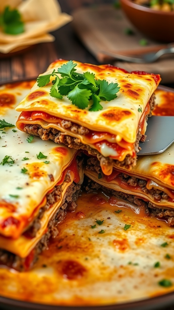 A hearty tortilla lasagna with layers of tortillas, meat, and cheese, garnished with cilantro on a wooden table.